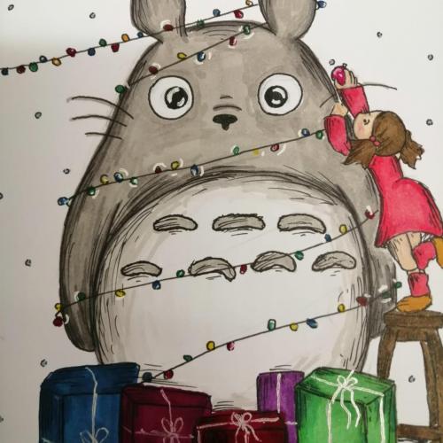 Kunterbunte Weihnachtskarte Totoro von Anime von Hand gestaltet für Schüler/innen von Schüler/innen