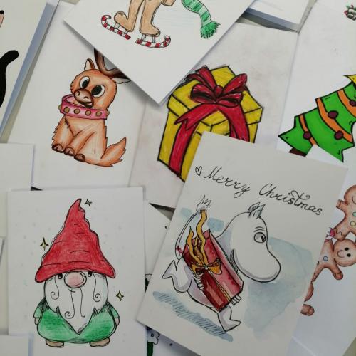 Kunterbunte Weihnachtskarten von Hand gestaltet für Schüler/innen von Schüler/innen